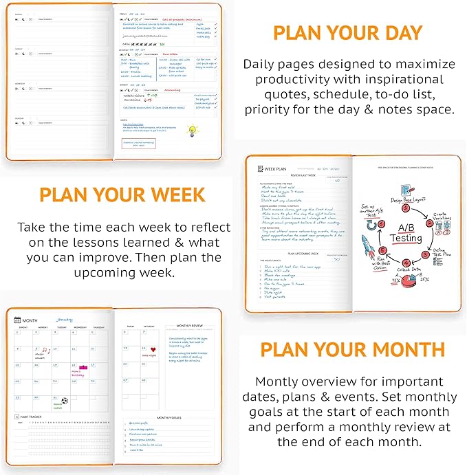 Undated Daily Planner – 1-Year B5 Productivity Organizer with Two-Page Weekly Spread, Goal Setting, Habit Tracker, Weekly & Monthly Pages – Hardcover Time Management Notebook (Orange)