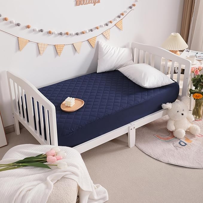 NTBAY 2 Pack Waterproof Crib Mattress Protector, Quilted 28"x52" Toddler Fitted Sheet - Machine Washable - Soft and Breathable Mattress Pad Cover for Crib, Nursery, Daycare, Cot, Navy Blue