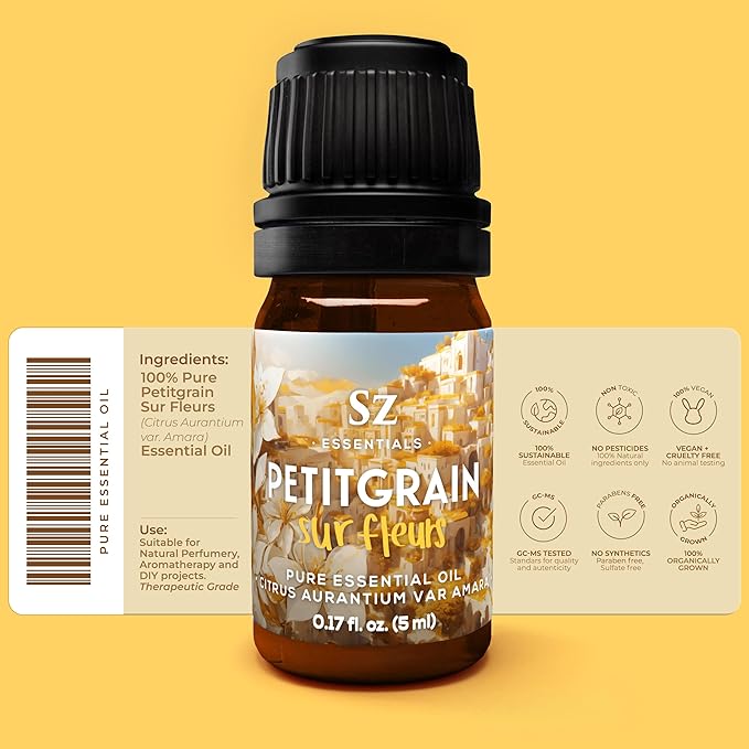 Petitgrain Sur Fleurs Essential Oil - 100% Pure and Undiluted - Extracted from Neroli-Bitter Orange Tree - Citrusy & Woody Scent with Fresh Neroli Floral Overtones - Therapeutic Grade