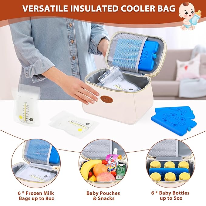 PIIOSER Breast Milk Cooler Bag with 2 Ice Pack, Fit 6 Freeze Breastmilk Storage Bags Up to 8Oz, Insulated Baby Bottles Tote Bag for Daycare and Breastfeeding Mom, Black(Cream-XS)