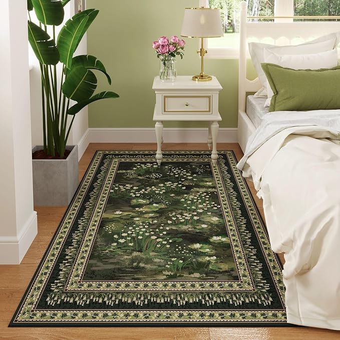 4x6 Rug for Bedroom Impressionist-Style Vintage Washable Rugs Non Slip Low Pile Small Carpet for Bedside Kids Room Office Dining Room, Green