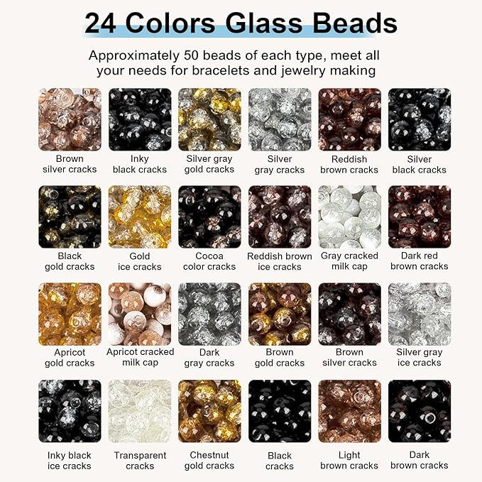 XSEINO About 1200PCS 6mm Crack Glass Beads,24 Assorted Crack Earthtone Blackwhite Series Colorful Crystal Beads for Bracelet and Jewelry Making and DIY Crafts,Friendship Bracelets
