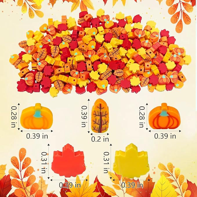 YQUQWN 200 PCS Fall Polymer Clay Beads Thanksgiving Maple Leaf Pumpkin Clay Beads for Jewelry Making Autumn Necklace DIY Bracelet Fall Accessories Party Supplies Craft Kits
