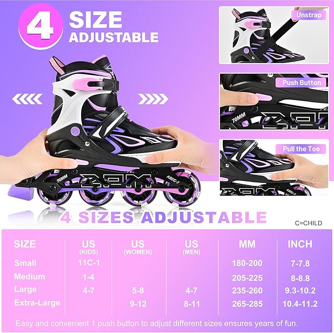 2PM SPORTS Vinal Girls Adjustable Flashing Inline Skates, All Wheels Light Up, Fun Illuminating Skates for Kids Men Adult Women and Boys