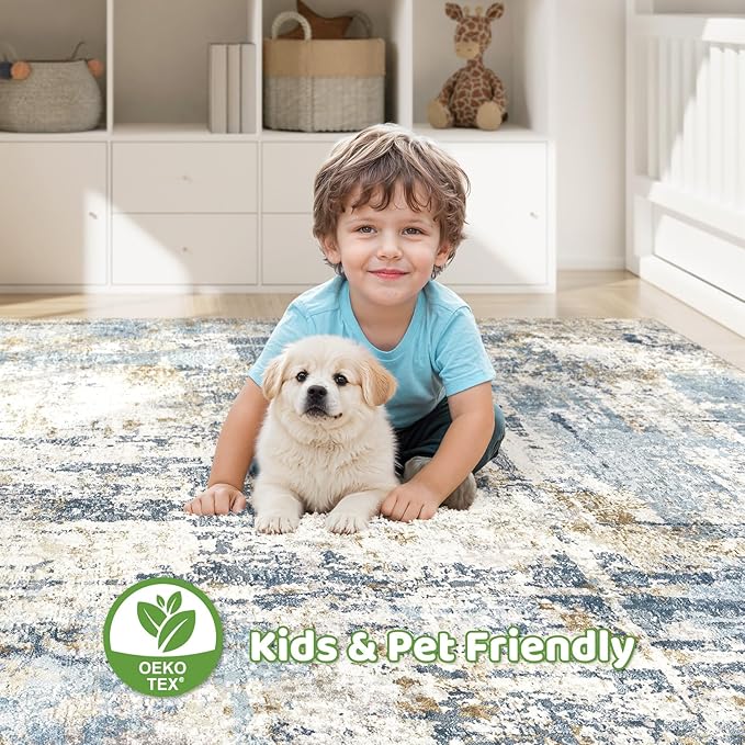 4x6 Rug Washable Area Rugs: Abstract Modern Soft Stain Resistant Indoor Floor Accent Non Slip Carpet for Living Room Entryway Kitchen Bedroom Nursery Office Bedside Home House Decor- Blue