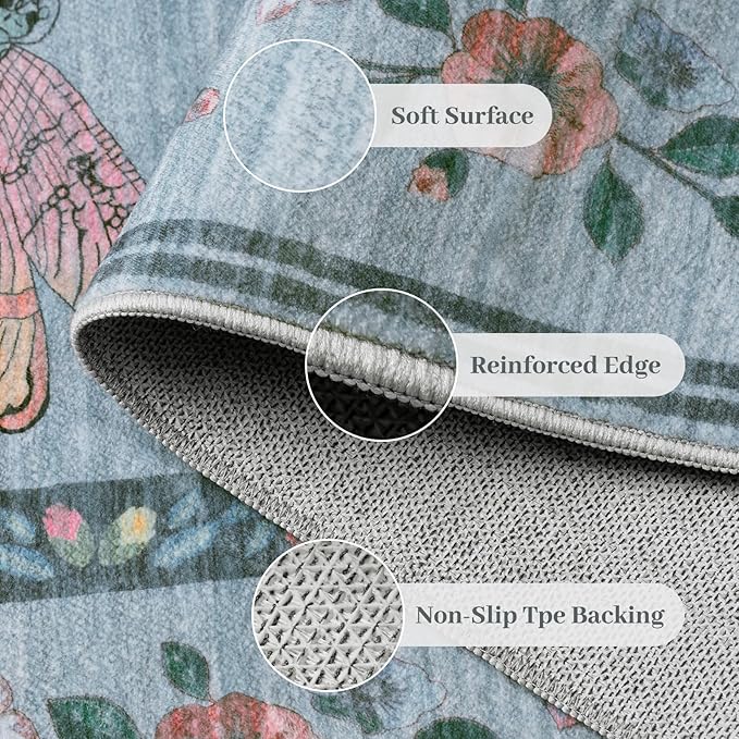 3x5 Washabl Rug with Insect Print - Bug Rug Non-Shedding Stain Resistant Soft Small Carpet for Bedroom, Low Pile Ultra-Thin Machine Washable Carpet for Nursery,Entrance, Office (3'x5' Blue)