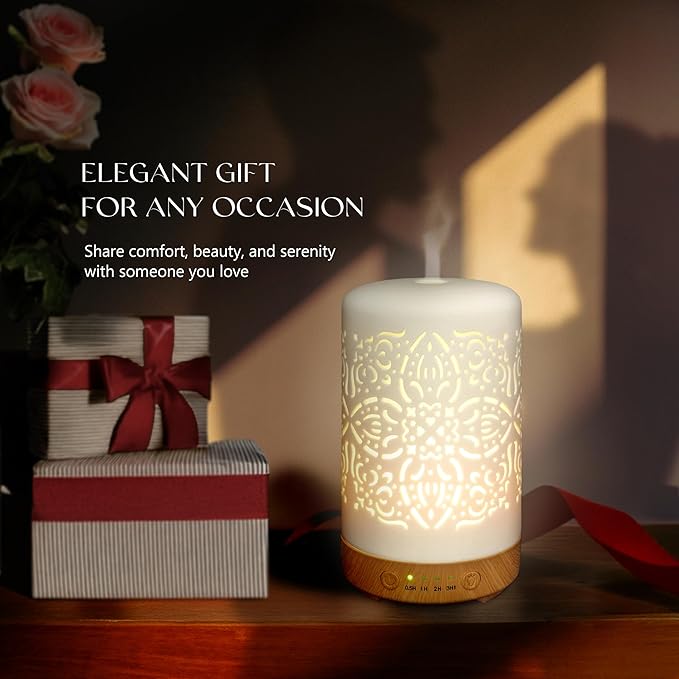 Earnest Living Essential Oil Diffuser White Ceramic Diffuser 100 ml Timers Night Lights and Auto Off Function Home Office Humidifier Aromatherapy Diffusers for Essential Oils