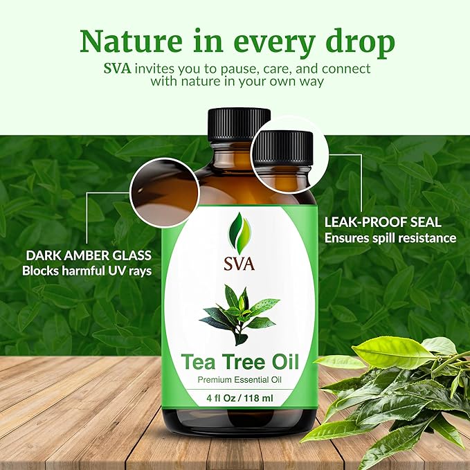 SVA Tea Tree Essential Oil – 4 Fl Oz – 100% Natural Tea Tree Oil - for Diffuser, Hair Care, Face, Skin Care, Aromatherapy, Scalp and Body Massage, Soap and Candle Making – with Dropper