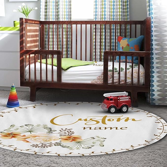 Personalized Baby Crib Bedding Set for Girls, Flower Design Custom Name Baby Crib Sets 5-Pcs, Toddler Double Layer Blanket Fitted Sheets Changing Pad Cover Rug Wall Art Set, Charming Nursery Decor