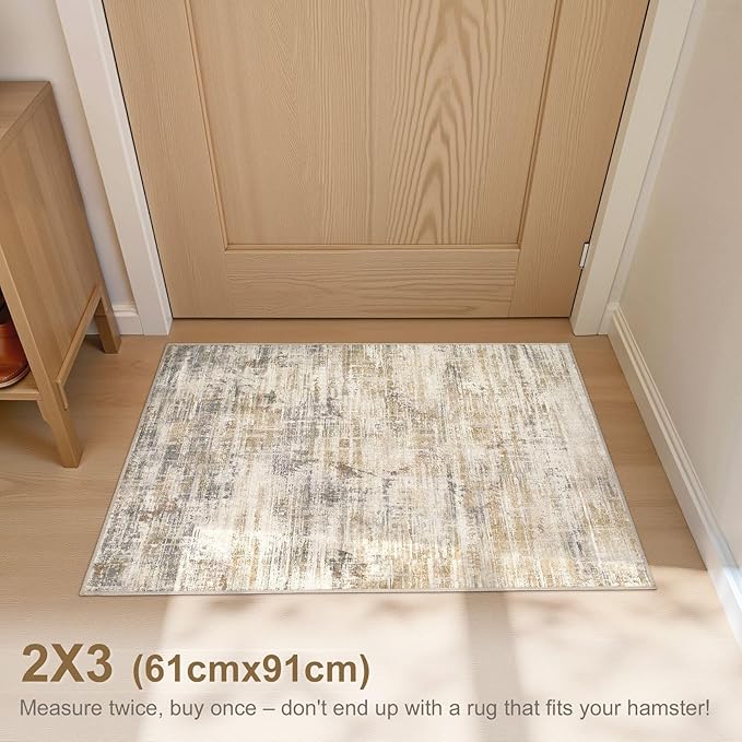 2x3 Entryway Area Rugs: Washable Neutral Abstract Small Rug Door Mat Non-Slip Soft Low Pile Indoor Carpe for Entrance Kitchen Front Door Bathroom Entry Kids Room - Golden Brown