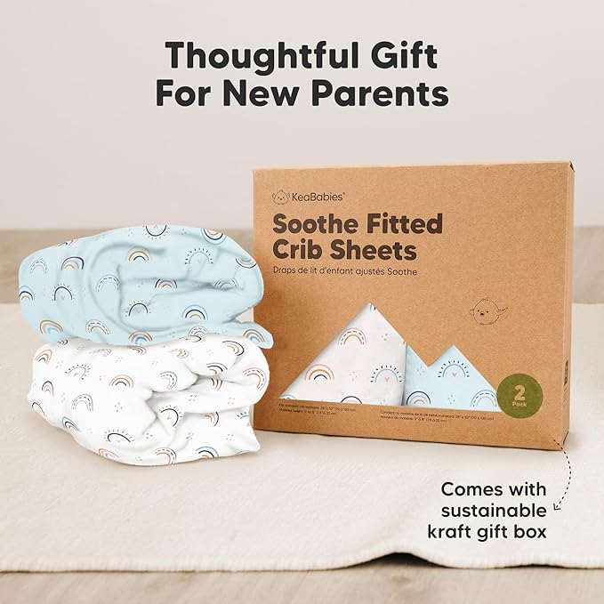 KeaBabies 2-Pack Organic Crib Sheets for Boys, Girls - 52x28 Fitted Crib Mattress Sheet Neutral, Breathable Jersey Cotton Cover for Baby Bed, Toddler Mattress, Soft & Cute Prints (Jolly Rainbow)