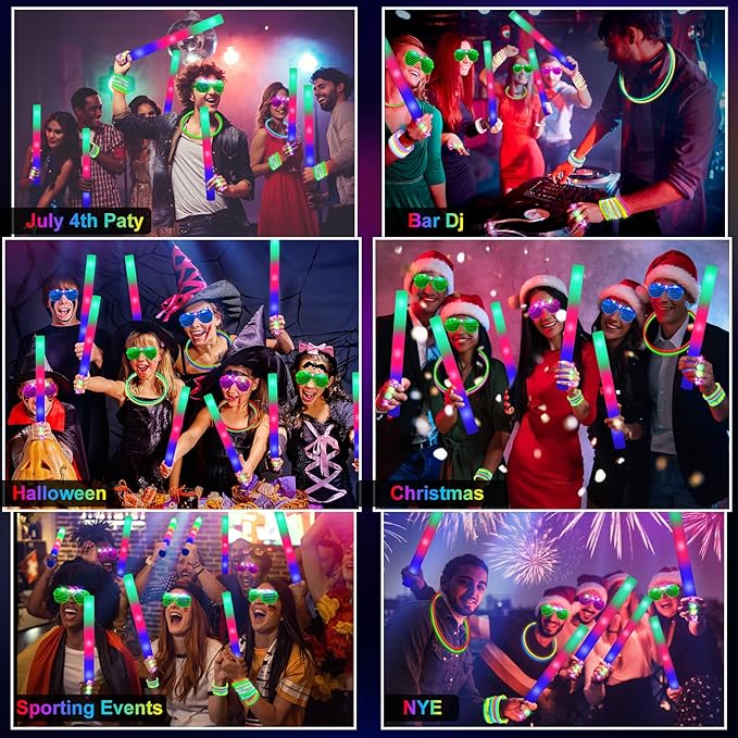 150 PCS Glow in the Dark Party Supplies, 16 Foam Sticks, 16 LED Glasses, 100 Glow Sticks and 18 Finger Lights for Neon Party, Wedding, Birthday, Concert, New Year, Carnivals, Raves