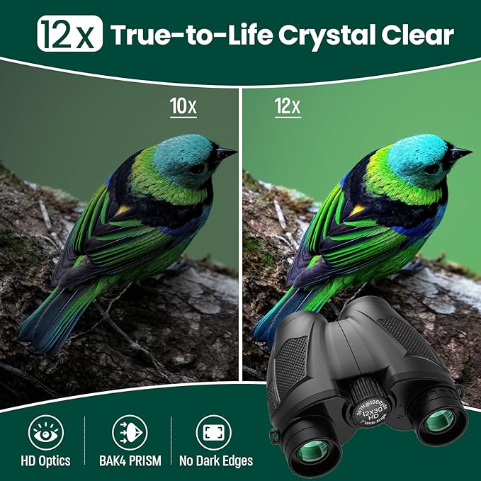 12x30 Compact Binoculars for Adults and Kids, High Power Lightweight Small Binoculars with Phone Adapter for Cruise Ship Hiking Bird Watching Sports Safari Viewing Football Sports Concert