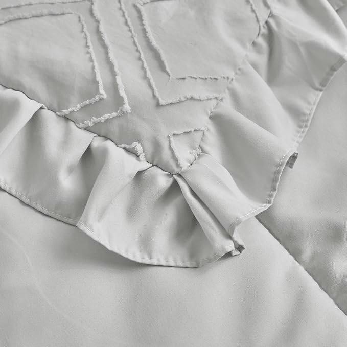 Tufted Ruffle Crib Bedding Set 3 Pieces Baby Girls Boys Boho Quilted Comforter with Fitted Sheet and Bed Skirt - Cute Ruffled Shabby Chic Baby Bedding Soft Blanket Design Light Gray