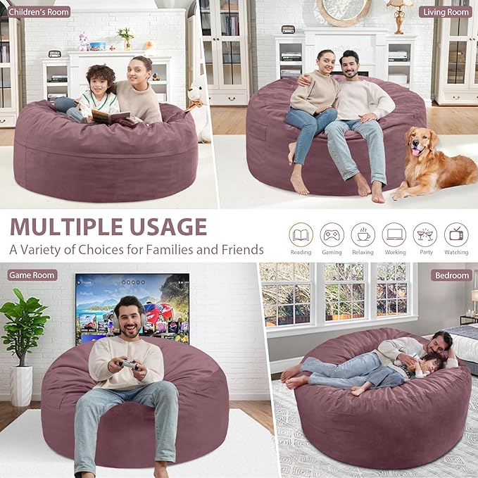 4FT Bean Bag Chair, Large Bean Bag Chairs with Memory Foam Filled, Fluffy Beanbag Sofa with Dutch Velvet Cover, Round BeanBag Chairs for Living Room, Playroom - Dusty Pink