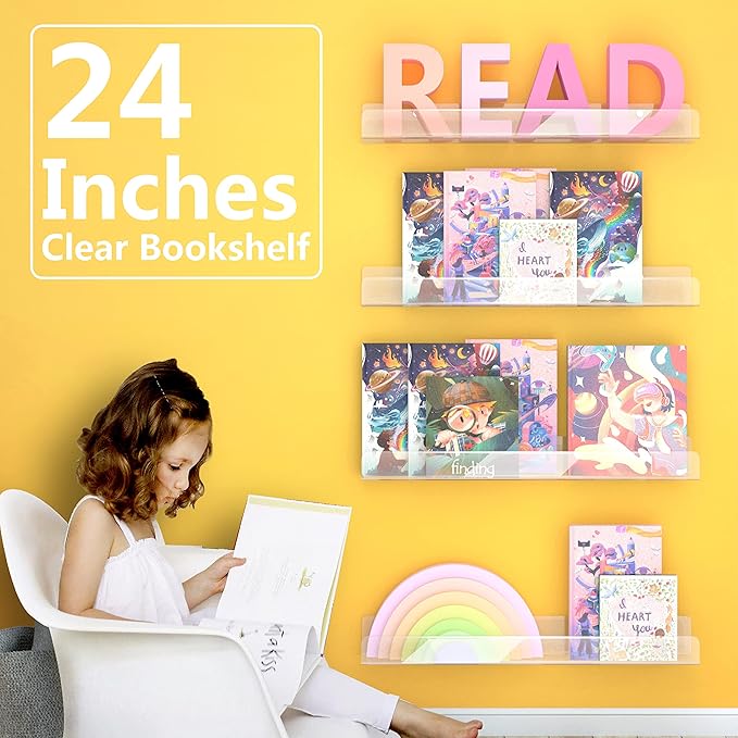 24 inches Wall Mounted Kids Bookshelf, Clear Acrylic Display Book Shelves for Kids Room Nursery Toddler Classroom 2 Packs