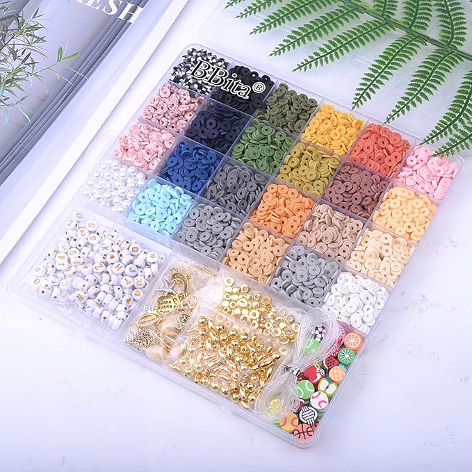 BBita 6680Pcs Clay Beads Bracelet Making Kit, Flat Preppy Beads for Friendship Bracelets, Polymer Clay Beads with Charms for Jewelry Earrings Necklaces Making Kit, Crafts Gifts for Girls Ages 6-12