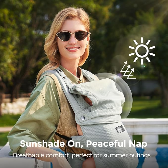 Momcozy Newborn Baby Carrier - Ergonomic, Cozy and Lightweight Carrier for 7-24lbs, Adjustable Neck Support with Sunshield, Breathable Airmesh Perfect for Summer Outing, Silver Grey