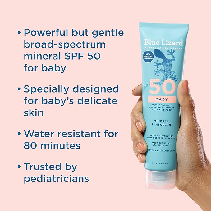 Blue Lizard BABY Mineral Sunscreen with Zinc Oxide, SPF 50+, Water Resistant, UVA/UVB Protection with Smart Cap Technology - Fragrance Free, 5 oz. Tube