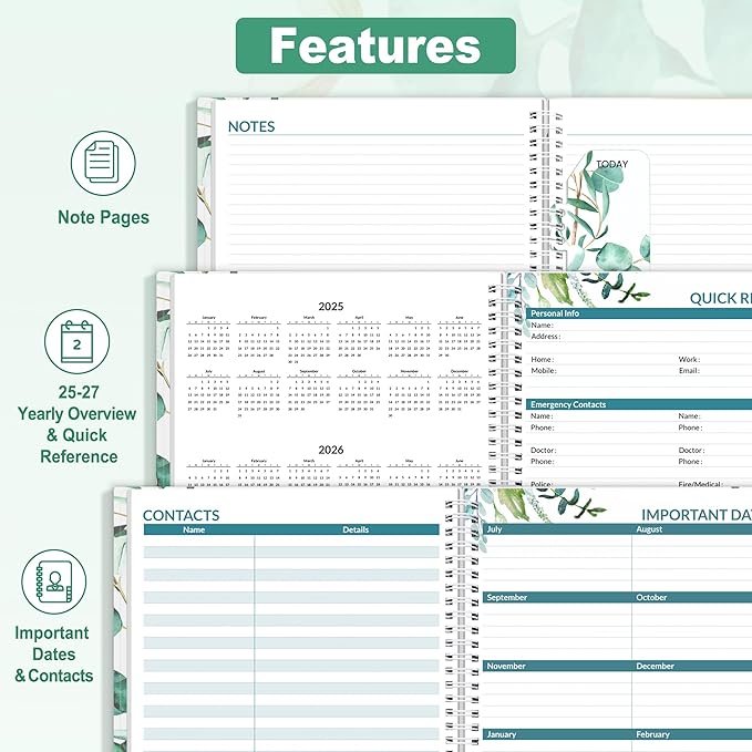 SUNEE Academic Planner 2025-2026 Weekly and Monthly, July 2025-June 2026, 8.5"x11", Tabs, Note Pages, Pockets, Bookmark, Flexible Cover, Spiral Binding, Leaves
