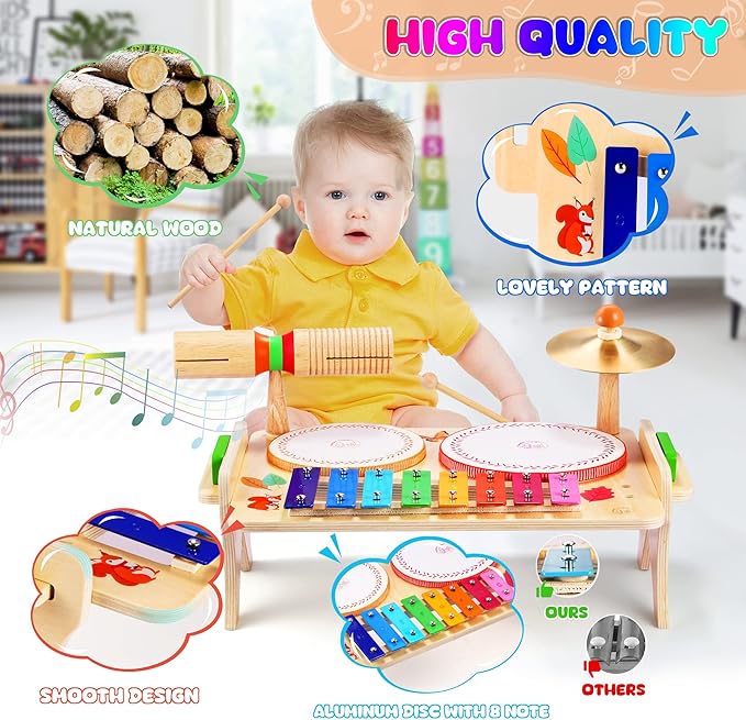 Wingyz Kids Drum Set for Toddlers Baby Music Instruments 7 in 1 Montessori Preschool Musical Toys Children Drum kit Xylophone Tambourine Birthday Gifts for Boys and Girls