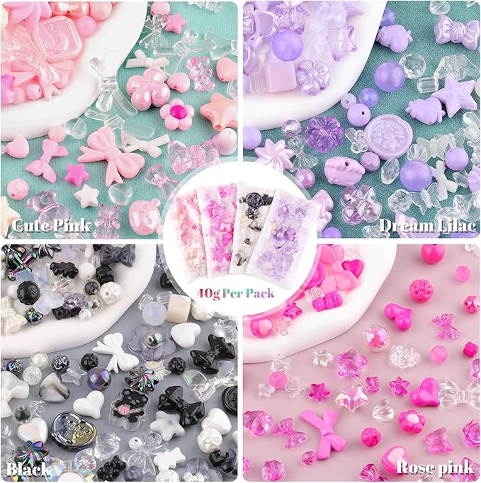 Assorted 180-240PCS Acrylic Beads for Bracelet Making,Flower Bow Butterfly Candy GummyBear Kawaii Aesthetic Bracelet Charms, Cute Beads for Jewelry Making Necklace Keychain Phone Charms DIY