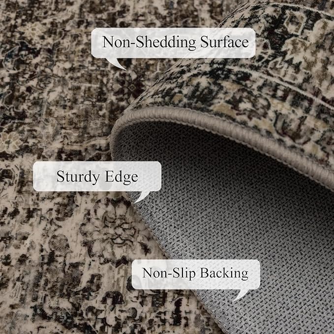 4x6 Washable Area Rug for Living Room, Carpet for Bedroom, Soft Faux Wool Retro Dining Room Rug, Non Slip&Non-Shedding Resistant Low Pile Vintage Print Rug for Home Office (Brown)