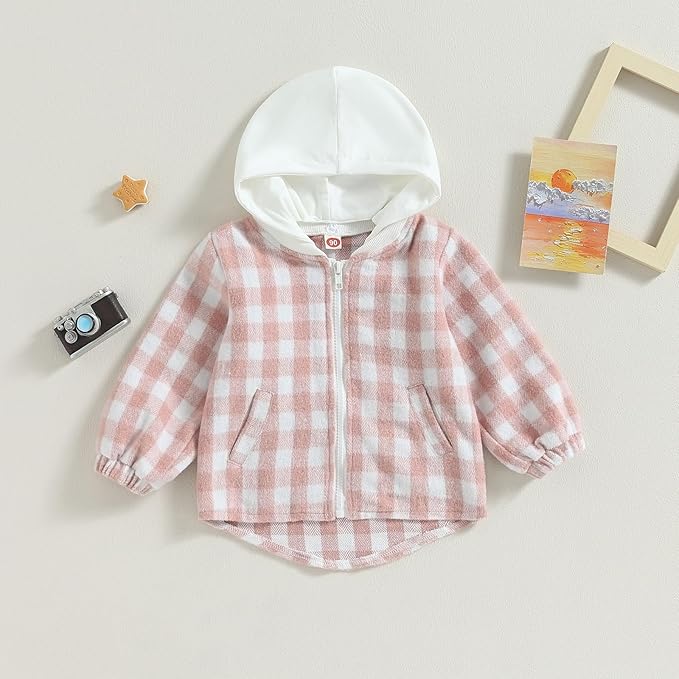 Douhoow Toddler Baby Plaid Jacket Baby Boy GIrl Flannel Hoodies Zip Up Hooded Fall Winter Outerwear Coat