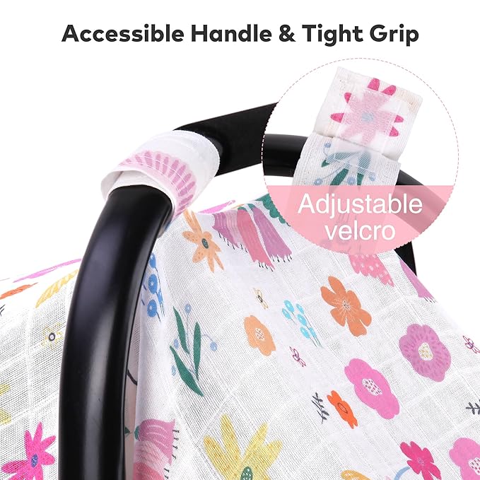Rquite Muslin Car Seat Cover Baby, Carseat Covers Baby Girl Boy, Breathable Lightweight Infant Car Seat Cover, Baby Carrier Cover Car Seat Canopy Stroller Sun Shade for Summer & Hot Day, Universal Fit