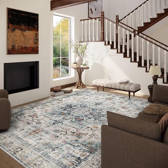 10x14 Area Rugs for Living Room: Washable Bedroom Rug Boho Vintage Rugs Stain Resistant Non Slip Low Pile Soft Lightweight Carpet for Kitchen Dining Room Farmhouse Nursery Kids Room Home Office