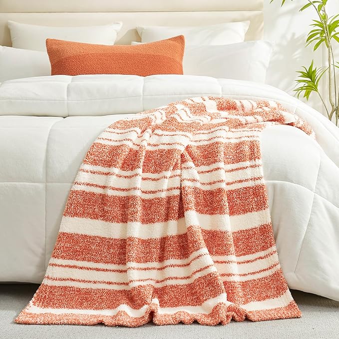 Snuggle Sac Orange Fall Throw Blanket for Couch, Reversible Super Soft Blankets Warm Cozy Knit Fuzzy Plush Blankets for Sofa,Living Room, Stripe Orange,50x60 inches