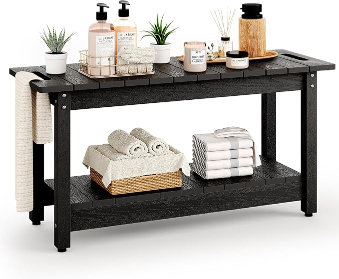 35" Shower Bench, Waterproof Poly Lumber Shower Stool for Shaving Legs, Shower Chair Seat Holds up to 400lbs, Bathroom Bench for Inside Shower, Non-Slip (Black)