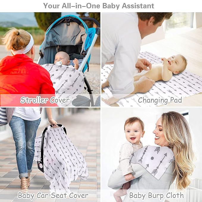 Rquite Car Seat Covers for Babies, 100% Muslin Carseat Cover Boys Girls, Lightweight Infant Car Seat Canopy, Soft Breathable Baby Carrier Cover, Summer Stroller Cover (Grey Arrow)