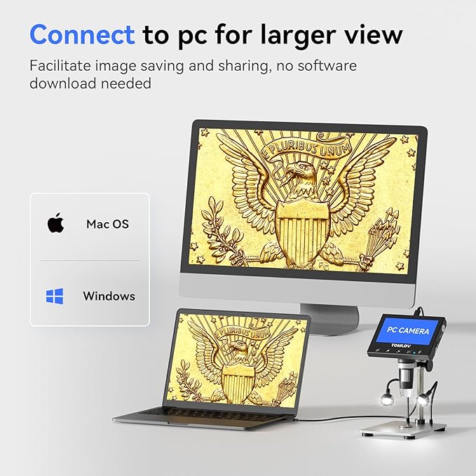 TOMLOV 1000X Coin Microscope with 4.3" Screen, Digital Microscope Magnifier with LED Lights, Metal Stand, PC View, Photo/Video, 32GB SD Card, Windows, macOS Compatible, DM4S