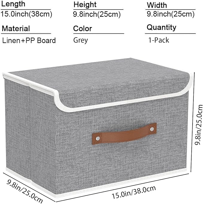 Yawinhe Collapsible Storage Bin, Cube Organizer Basket, Fabric Box with Lids, Washable and Leather Handle, for Home, Closet, Grey, 15.0''Lx9.8''Wx9.8''H, 1-Pack, USNK024GL-1