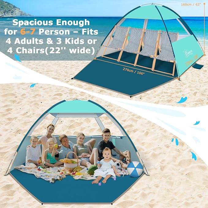 COMMOUDS Beach Tent Sun Shade for 3/4-5/6-7/8-10 Person, UPF 50+ Beach Sun Shelter Canopy Tent, Lightweight, Easy Set Up and Carry