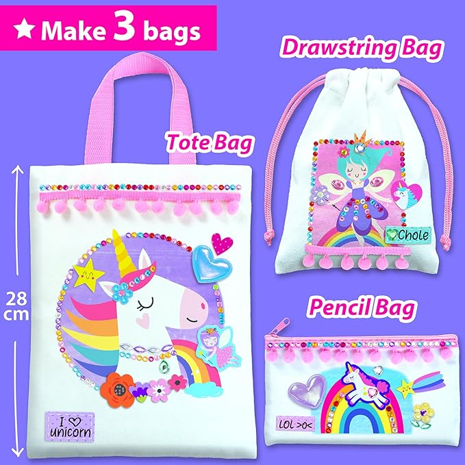 KRAFUN Decorate-a-Bag Craft Kit for Kids 5+ Years, Unicorn & Fairy Theme with Stickers & Gems, 3 DIY Customizable Bags, Step-by-Step Instructions, Creative Activity Set Girls & Boys, Educational Toy