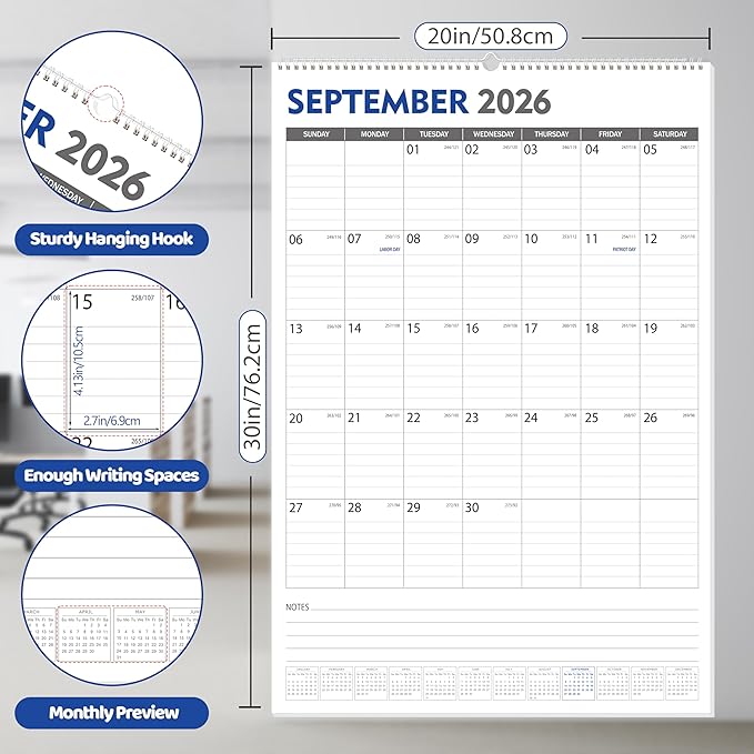 GuassLee Extra Large Wall Calendar 2025-26, 20"x 30" Gaint Vertical Wall Calendar 2026, Sep. 2025 to Mar. 2027, 19-Month Hanging Paper Planner Wall with Julian Date for Office Home