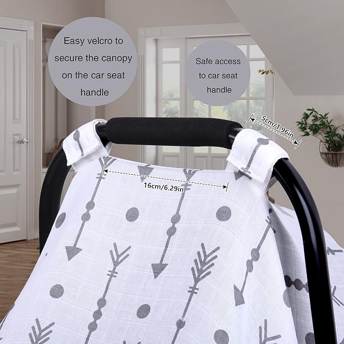 Rquite Car Seat Covers for Babies, 100% Muslin Carseat Cover Boys Girls, Lightweight Infant Car Seat Canopy, Soft Breathable Baby Carrier Cover, Summer Stroller Cover (Grey Arrow)