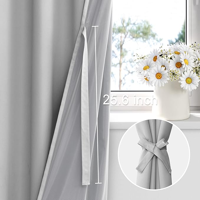 XWZO Full Shading Blackout Curtains 45 Inches Length with Tiebacks- Heat and Light Blocking Rod Pocket Window Drapes with Black Liner Backing for Bedroom/Kid's Room, Light Grey, W52 x L45, Set of 2
