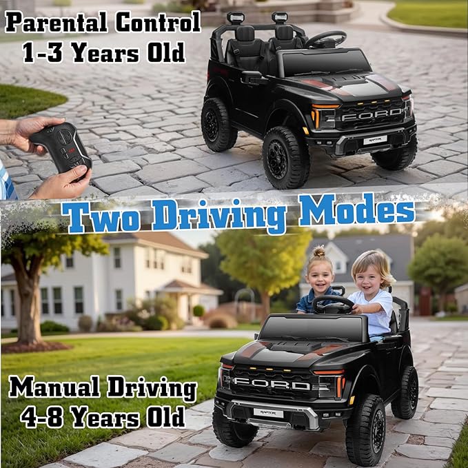 24V Ride on Car Licensed Ford F-150 Raptor, Kids Electric Car with Remote Control, LED Light/Music/MP3, Truck Bed Storage, 3-Point Seat Belt (24V, Black)