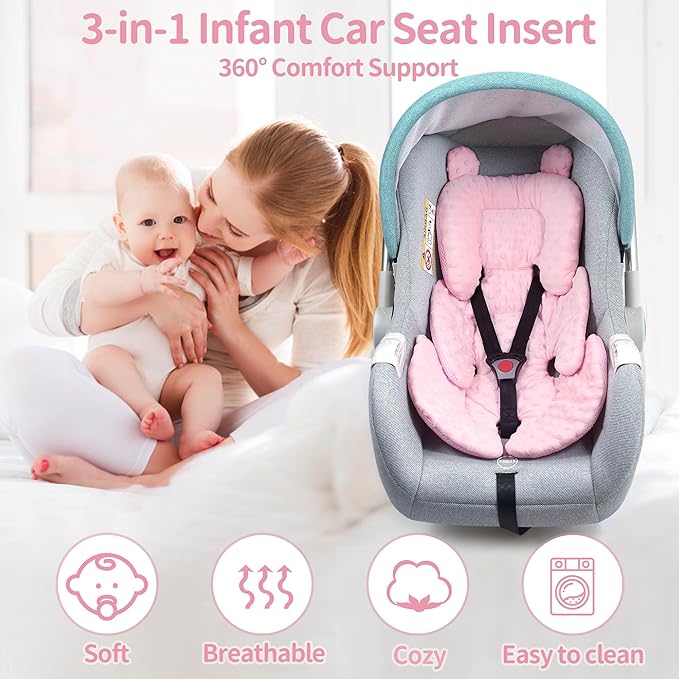 3in1 Reversible Carseat Head Body Support Newborn,3D Minnky Infant Car Seat Insert,Extra Soft Breathable Baby Car Seat Pillow Cushion Boys Girls,fit Stroller,Bouncer,Swing(Pink)