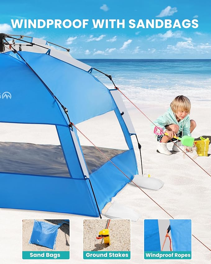 OutdoorMaster Beach Tent with Blackout Shelter Technology, Portable Beach Shade Sun Shelter Canopy for 4-6 Person with UPF 50+ UV Protection, Easy Setup Pop Up Tent Family Size