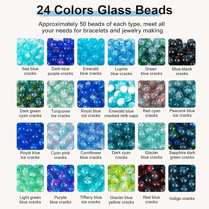 XSEINO About 1200pcs 6mm Crack Glass Beads Bracelet Making Kit,24 Assorted Crackle Oceanic Blue Series Colorful Crystal Beads for Bracelet,Jewelry Making,DIY Crafts,Friendship Bracelets