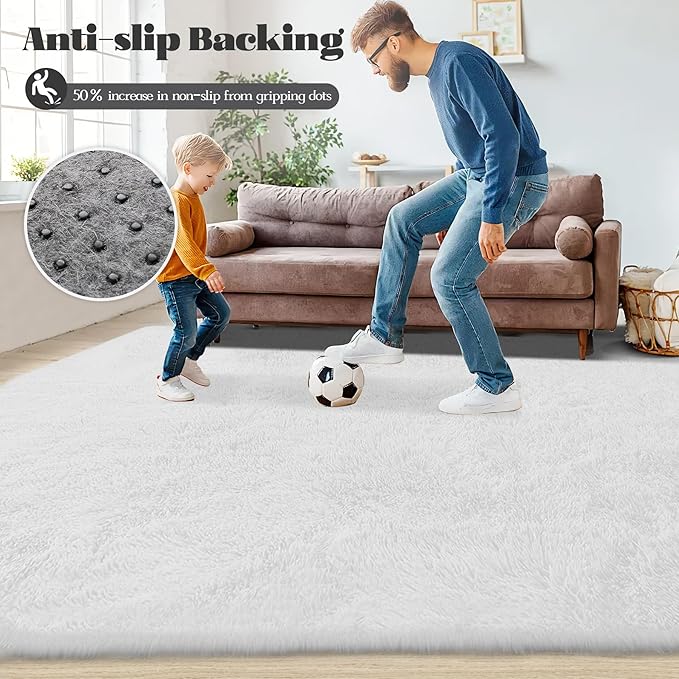 4FT Round Rug for Bedroom: Fluffy Shag Soft Washable Rugs Circle Small Fuzzy Plush Indoor Carpet for Living Room Nursery Playroom Dorm Kids Girls Boys Room (White, 4'x4')