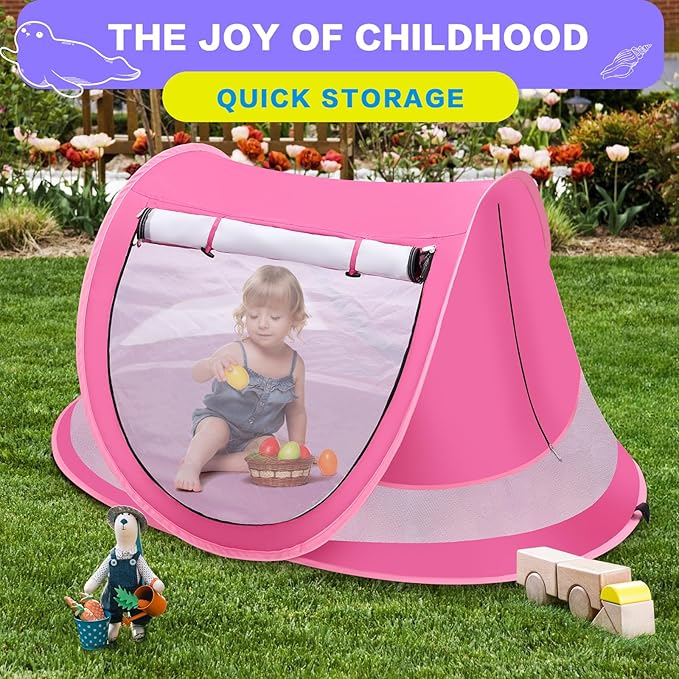 Baby Beach Tent with Baby Hat, Pop Up Toddler Travel Bed with Sun Hat for Boys or Girls, Sun Shade for Toddler Camping, Infant Portable Sun Shade, Summer Beach Baby