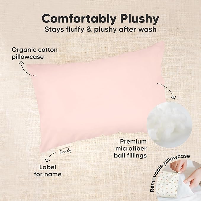 Mini Toddler Pillow with Pillowcase - 9x13 My Little Dreamy Travel Kids Pillow for Sleeping, Toddler Bed, Small, Tiny, Organic Cotton Pillowcase, Soft & Breathable, Kids 2-4 Years Old (Mist Pink)