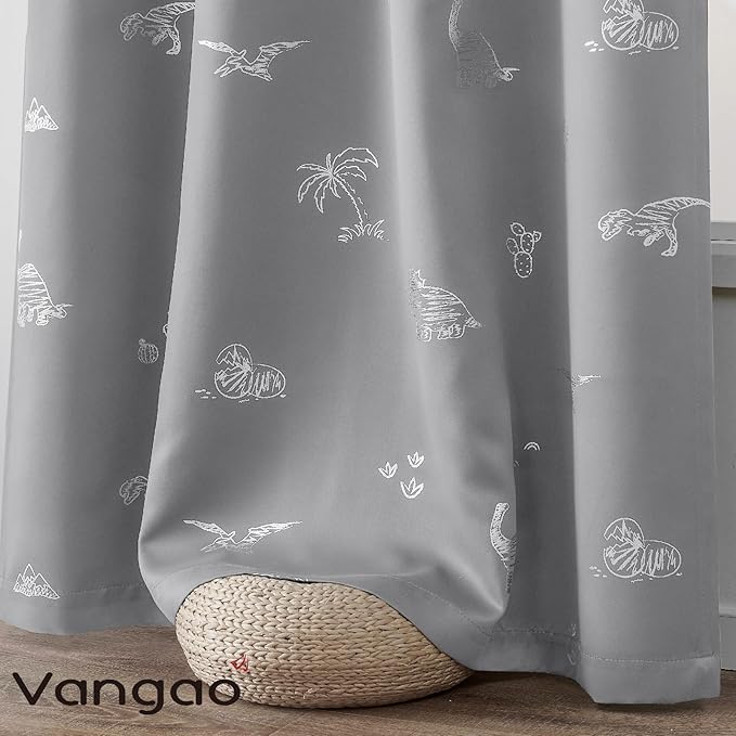 Vangao Kids Curtains Grey Blackout Dinosaur Curtains for Boys Kids Nursery Girls Room Silver Dino Foil Print Thermal Insulated Drapes Grommet Top Window Treatments 84 Inches Length 2 Panels