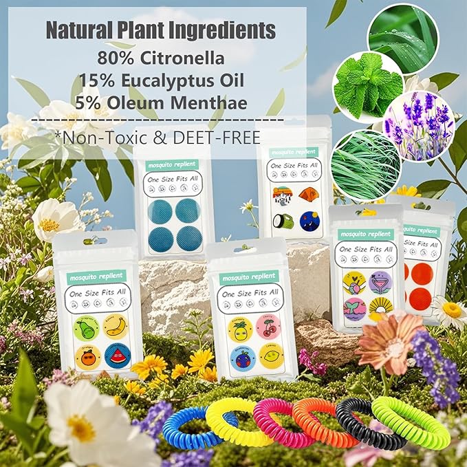 360Pcs Mosquito Patches Stickers,Natural Plant Based Individually Wrapped Mosquito Stickers with 6 Pack Mosquito Repellent Bracelets for Kids Adult Outdoor Hiking, Camping, Travel