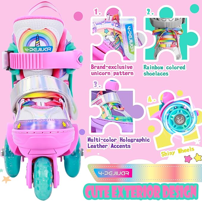 4-Pejiijar Rainbow Unicorn Kids Roller Skates for Girls Toddler Ages 2-4 5-8 8-12,Adjustable Roller Shoes with Luminous Wheels for Birthday Xmas Gifts